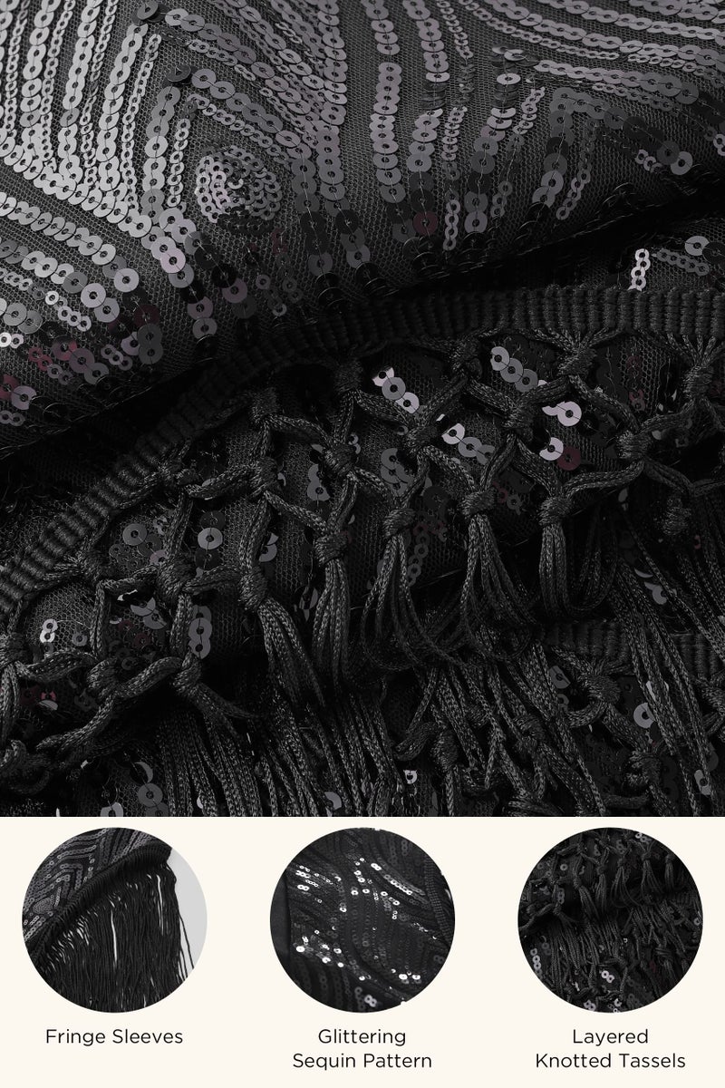 BABEYOND 1920s Flapper Dress Long Fringed Gatsby Dress Roaring 20s Sequins Beaded Dress Vintage Art Deco Dress Black - Image 4